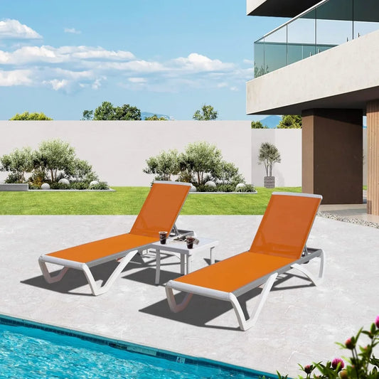 Outdoor Lounge Chairs Set of 3, 5 Position Adjustable Backrest, Including 2 Outdoor Chaise Lounge