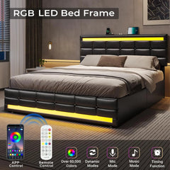 LED Bed Frame with 4 Drawers & USB Charging Station, Upholstered Platform Queen Size Bed with LED Headboard & Footboard