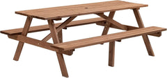 6 Person Outdoor Picnic Table, Round Picnic Table with 3 Built-in Benches, Umbrella Hole,Outside Wood Picnic Table and Bench Set