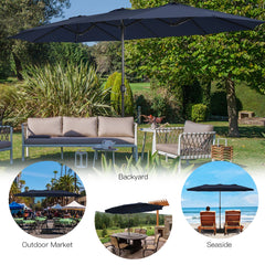 15FT Double-Sided Twin Patio Umbrella Sun Shade Outdoor Crank Market Base Navy