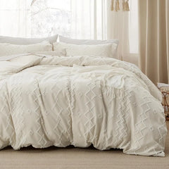 Boho Duvet Cover King Size - Checkered King Duvet Cover Set for All Seasons, 3 Pieces Soft Shabby Chic Embroidery Boho Bedding
