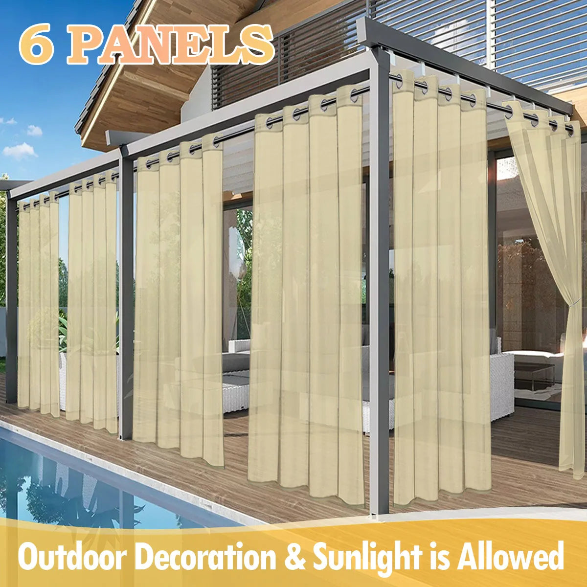 6pcs Outdoor Curtains, Grommet, Waterproof Curtains, Transparent Curtains And Sheer Curtains For Swimming Pool, Porch, Balcony