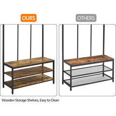 Hall Tree Entryway Coat Rack with Bench, Large Hall Tree with Wooden Shoe Storage & 24 Hooks for Entryway, Sturdy Meta