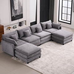 145" U Shaped Cloud Couch Sectional for Living Room, Oversized Modern Modular Sofa with Movable Ottoman, Comfy Fluffy Chenille
