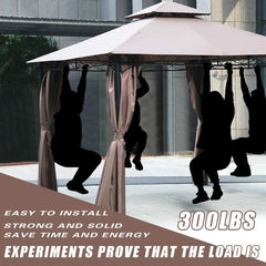 10 'x13' Outdoor terrace Terrace Heavy steel frame canopy, double roof, Privacy curtains (brown)