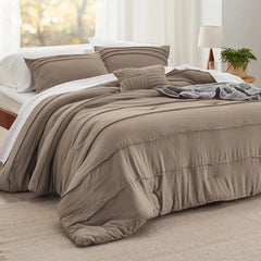 Bedsure King Comforter Set - 4 Pieces Grid Pleat Bed Set, Beige Boho Bedding for All Season, 1 Soft Comforter, 2 Pillowcases, 1