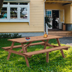 6 Person Outdoor Picnic Table, Round Picnic Table with 3 Built-in Benches, Umbrella Hole,Outside Wood Picnic Table and Bench Set