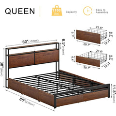 Queen Bed Frame with Storage Headboard and 4 Drawers Bed Frame Queen Size with Charging Station LED Lights Metal