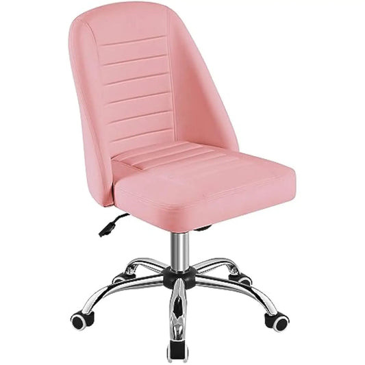 Mid Back PU Leather Armless Desk Office Chair, Modern Comfy Vanity Chair with Rolling Wheels, Metal Base Pink
