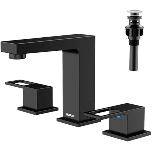 8 英寸 3 Hole Widespread Bathroom Faucet, 3 Pieces Two Handle Bathroom Sink Faucet with Pop-Up Drain and Supply Hose (Matte Bla)