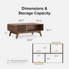 Mid-Century Modern Coffee Table with Sliding Doors & Storage – Wooden Living Room Centerpiece