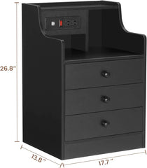 Nightstand with Charging Station,Black Night Stand for Bedroom,End Tablek