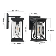 14"(H) 1-pack Black Outdoor Wall Lantern with Crackled Glass, Weather-Resistant Exterior Light Fixture (Bulb Not Included)