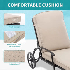 Outdoor Chaise Lounge Chair with Cushion - Poolside Set of 1 Chairs for Outside Cast Aluminum Waterproof Lounger, Lounge Chair