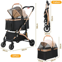 Dog Buggy 2 in 1 Stroller Dog Box Transport Foldable Cat Stroller, 360° Wear-resistant Rubber Wheels, with Storage Basket, 40kg