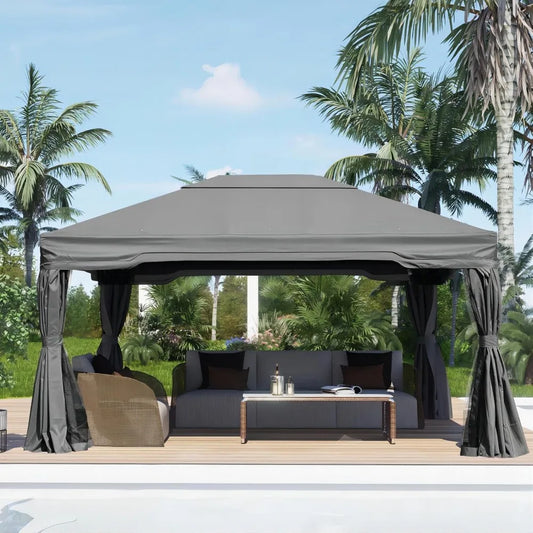 12x14 ft. Outdoor Aluminum Gazebo with Privacy Curtains and Netting, Grey Canopy Shelter for Patio, Garden, Gazebos