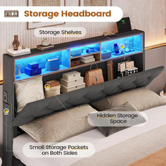 Bed, Queen Bed Frames with Headboard & 4 Drawers, LED Bed Frame Twin with Charging Station, Upholstered and Metal Queen Bed