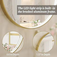 32 英寸 Round Led Bathroom Mirror, Gold Metal Framed Lighted Mirror for Bathroom, Wall Mouted Led Vanity Mirror with Lights, 3
