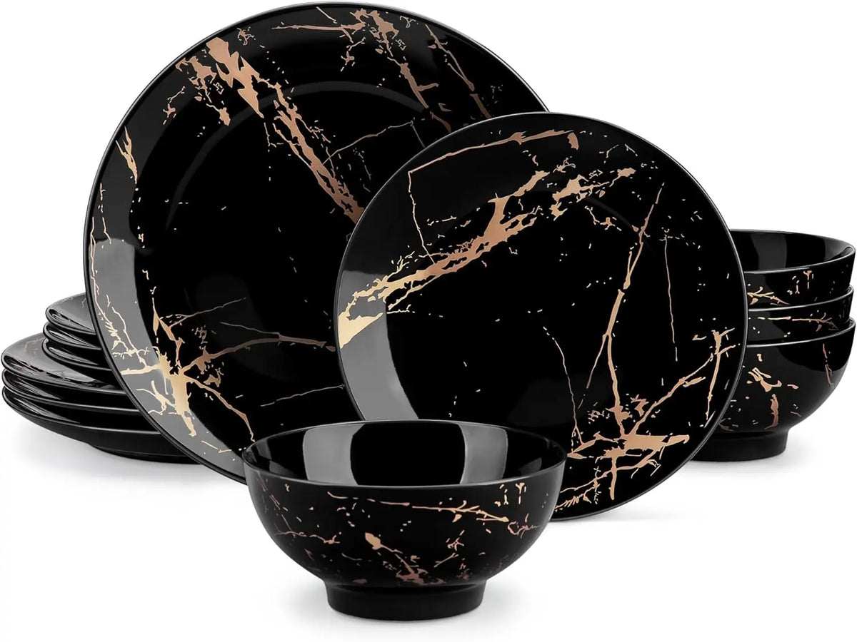 Plates and Bowls Sets for 4, Black Dinnerware Sets 16 Piece Gold Splash Glaze Round Dish Set, Porcelain Plate