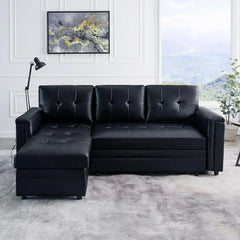 Sofa Bed with USB Ports, L-Shaped Convertible Pull-Out Couch with Reversible Chaise & Storage, Air Leather