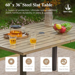 HERA'S HOUSE Outdoor Dining Table for 6, Rectangular Metal Patio Table with Umbrella Hole, 6-Person Weather Resistant Wood-Like