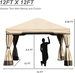 12x12 FT Outdoor Aluminum Gazebo with Privacy Curtains and Netting, Brown Canopy Shelter for Patio, Garden, Yard, Lawn