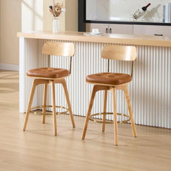 PU Leather Swivel Counter Stools Set of 2, Modern Button Tufted 26" Seat Height Low Bar Stools with Wooden Legs Upholst