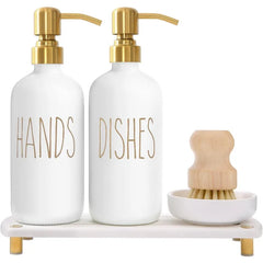 Gold Soap Dispenser Set Comes with Stainless Steel Pumps Instant Dry Tray and Dish Scrub Brush Suitable for Kitchen Decor