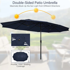 15FT Double-Sided Twin Patio Umbrella Sun Shade Outdoor Crank Market Base Navy