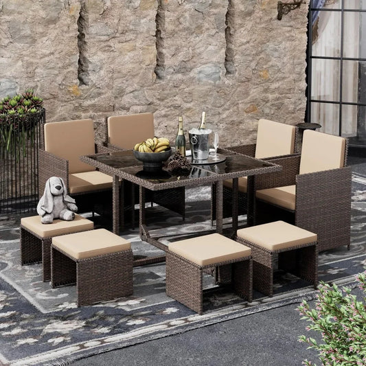 9 Pieces Patio Dining Sets Outdoor Conversation Sets, Space Saving Wicker Chairs with Glass Table and Ottomans,Cushioned Seating
