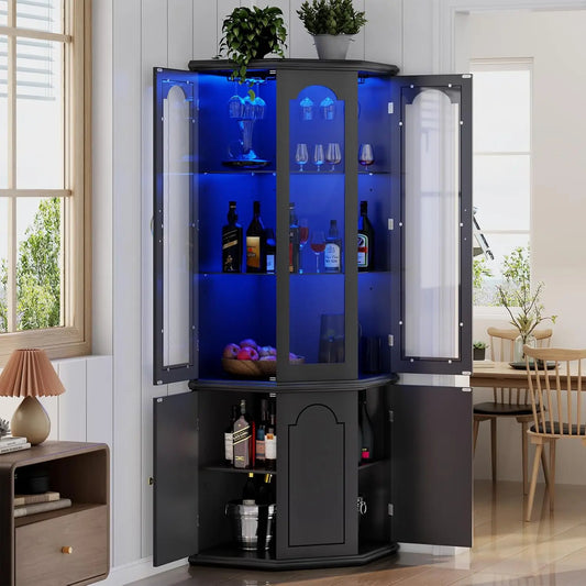 Corner Bar Cabinet w/LED Lights, Tall Modern Wine Cabinet with Tempered Glass Door & Adjustable Shelves, Home Bar Liquor Storage