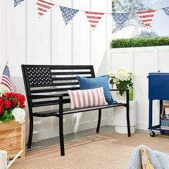 Outdoor Bench 2-Person Steel Indoor/Outdoor Bench for Garden, Patio, Porch, Entryway w/American Flag, 790lb Capacity
