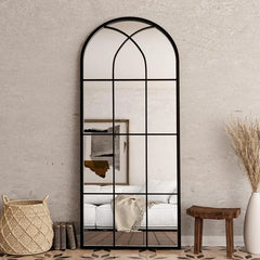 Mirror Full Length, 71"x32" Large Arched Mirror, Window Pane Wall Black Body Oversize Farmhouse Standing Hanging or Leaning