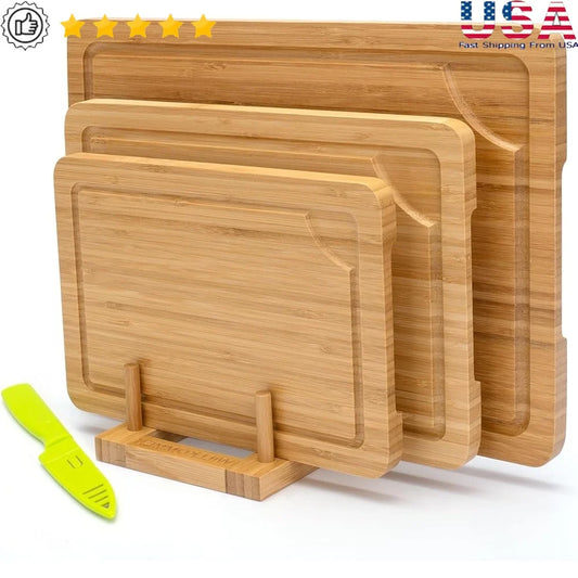 Bamboo Cutting Board Set of 3 with Juice Groove Ergonomic Handles Durable Kitchen Chopping Board Meat Fruit Serving Tray Storage