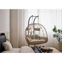 2 Person Egg Swing Chair with Stand - Indoor/Outdoor Hammock Chair & Hanging Egg Chair | Rattan Wicker, UV Resistant Cushion & P
