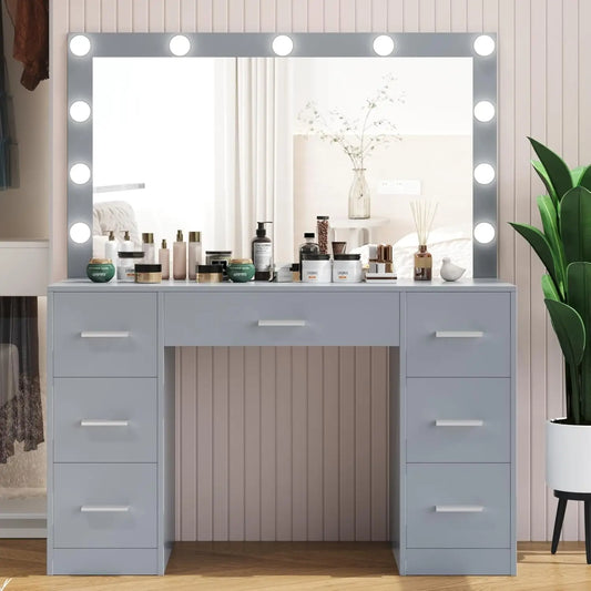 Vanity Table, Makeup Table with Lighted Mirror, 3-Color Lighting Modes, Brightness Adjustable, Dressing Table with Drawers