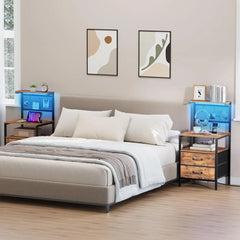 Tall Nightstand with Charging Station and LED Lights, Large Night Stands with Fabric Drawers, Bedside Table with Storage Shelves