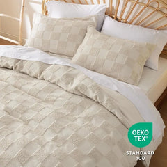 Boho Duvet Cover King Size - Checkered King Duvet Cover Set for All Seasons, 3 Pieces Soft Shabby Chic Embroidery Boho Bedding