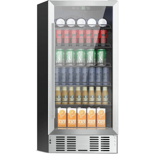 15 inch beverage refrigerator cooler, 135 cans/3.5 cubic feet mini fridge, with glass front door and digital display screen