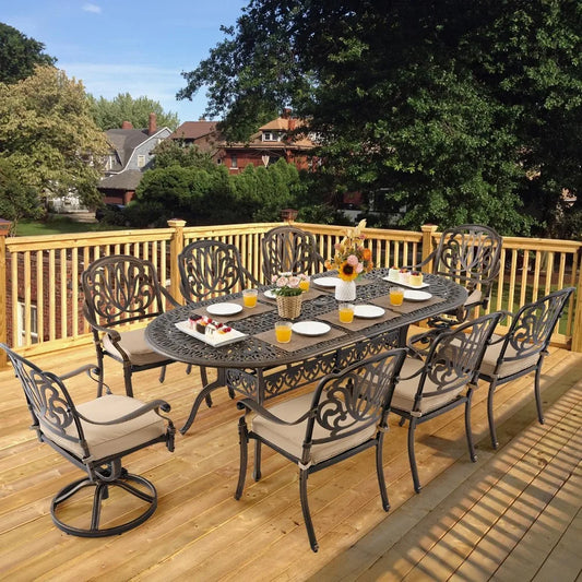 9 Piece Outdoor Dining Set, Cast Aluminum Retro for 8 Includes 86.6’’ Rectangular Table with and Umbrella Hole, Patio Dining Set