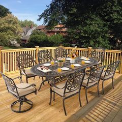 9 Piece Outdoor Dining Set, Cast Aluminum Retro for 8 Includes 86.6’’ Rectangular Table with and Umbrella Hole, Patio Dining Set