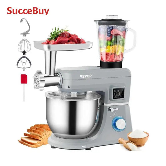 SucceBuy 5 IN 1 Stand Mixer Tilt-Head Multifunctional Electric w/ 6 Speeds LCD Screen Timing 7.4 Qt Stainless Bowl Dough Hook