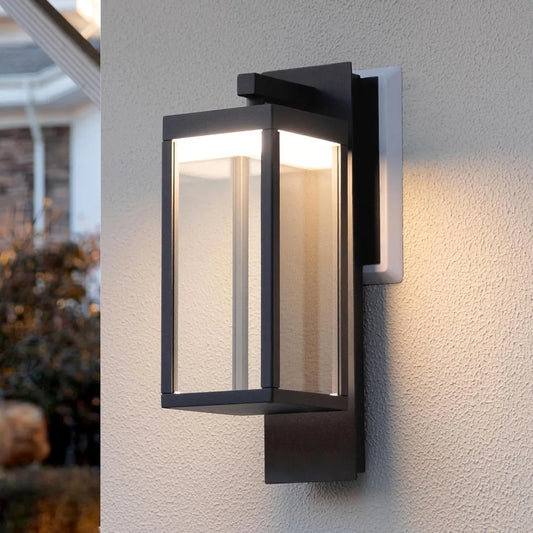 Outdoor wall light, LED wall hanging light waterproof exterior light, transparent glass shade, aluminum matte black light, porch