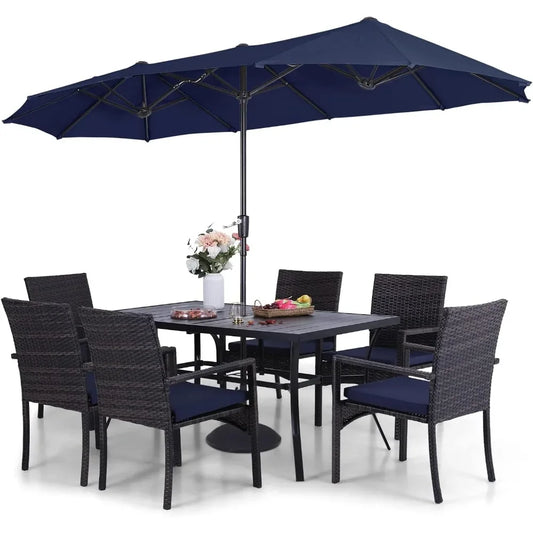 Patio Outdoor Table and Chairs Set with Umbrella Navy, Patio Dining Sets for 6, 7 Pieces Patio Table Set Clearanc