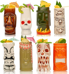 Hard-Carved and Hand-Painted Tiki Mugs Assorted Cocktail Set Party Event Mugs Drinkware, Cute Exotic Cocktail Glasses