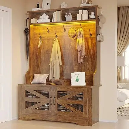 Hall Tree with Bench and Shoe Storage, 5-in-1 Entryway Bench with Coat Rack, 10 Shoe Cubbies & 9 Coat Hooks, Barn Door & A