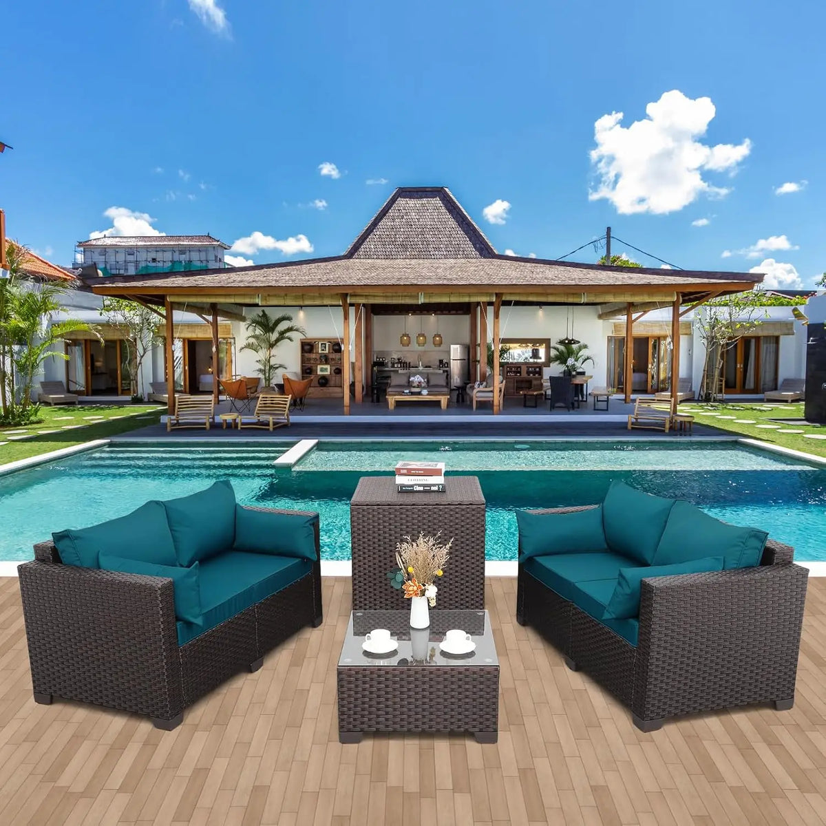 Outdoor Courtyard Furniture Set, Willow Sofa with Cushions and Coffee Table, Garden Outdoor Sofa Set, 4 Pcs