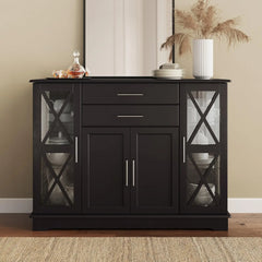 Sideboard Buffet, 47 Inch Storage Console Table Coffee Bar Kitchen Cupboard Pantry Glass Display Cabinet for Lving Entryway