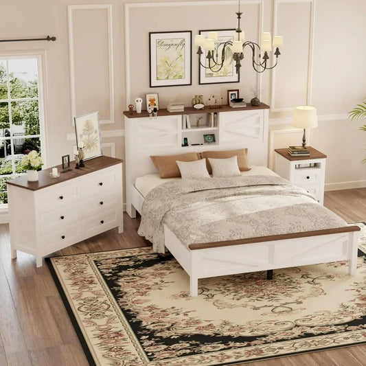 3-Pieces Bedroom Sets Queen Size Farmhouse Platform Bed，Double Sliding Door Storage Headboard,Storage Nightstand and Dresser