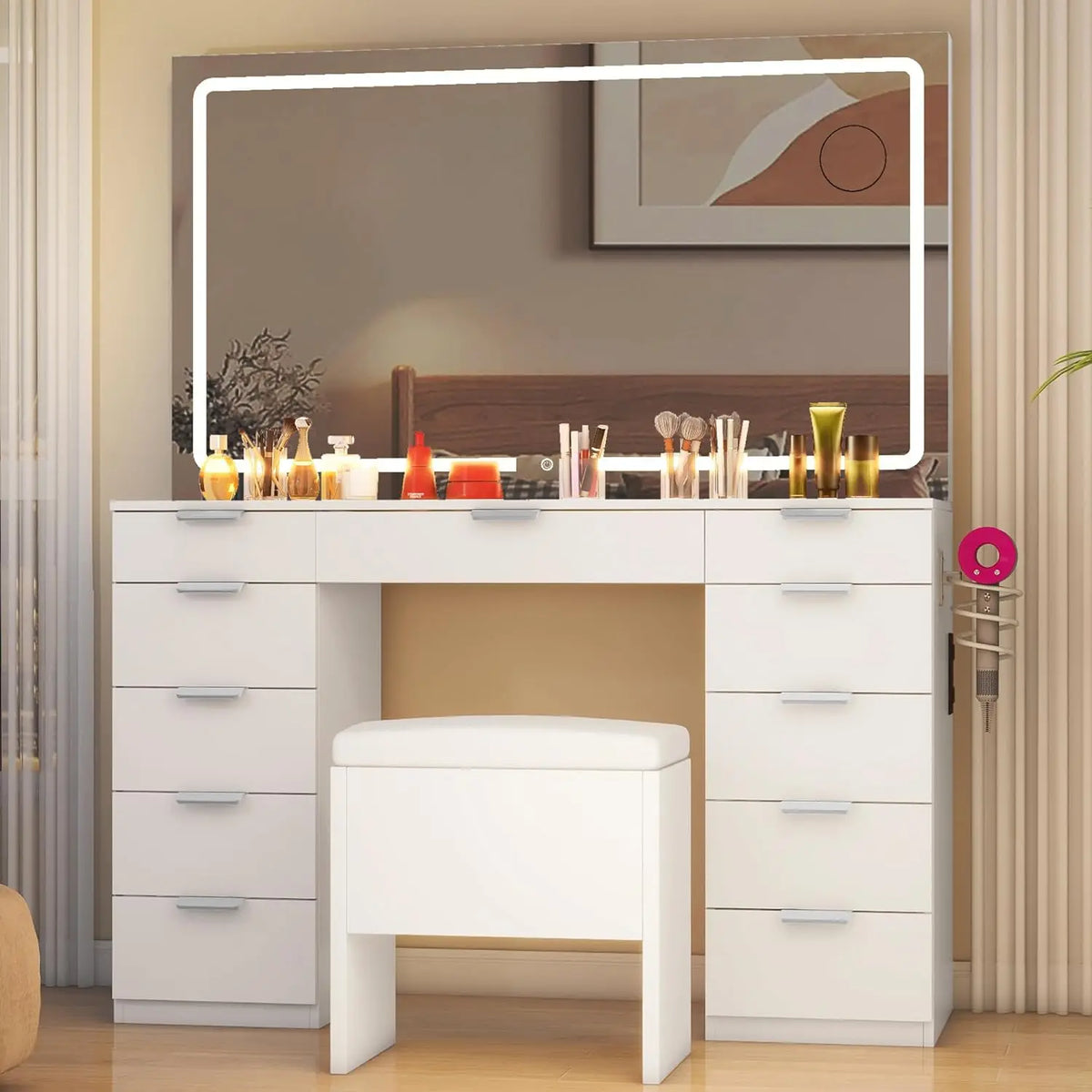 Vanity Desk Set with Adjustable LED Lighted Mirror & Power Outlet, Glass Top Makeup Vanity